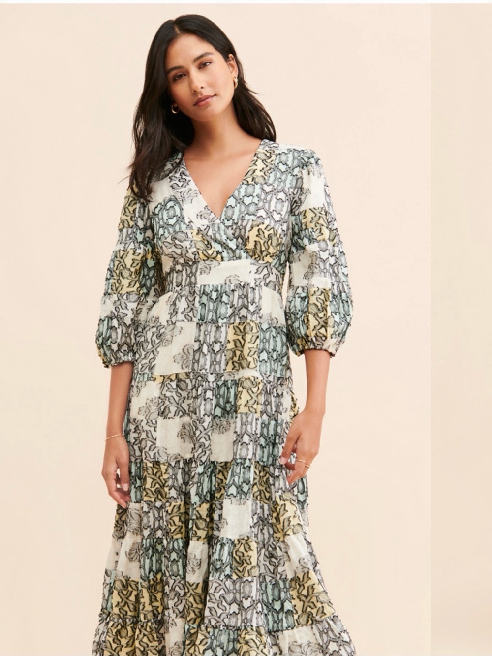 Anthropologie Boho Tiered Midi Dress V-Neck Textured Womens